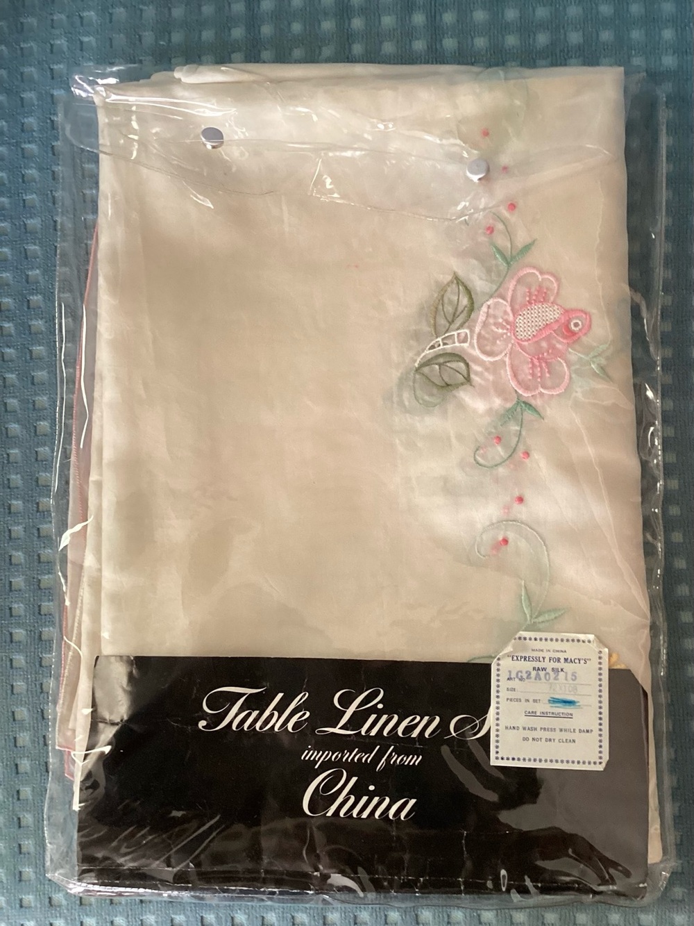 Macy's Cream Table Linen with Pink & Green Floral Embroidery